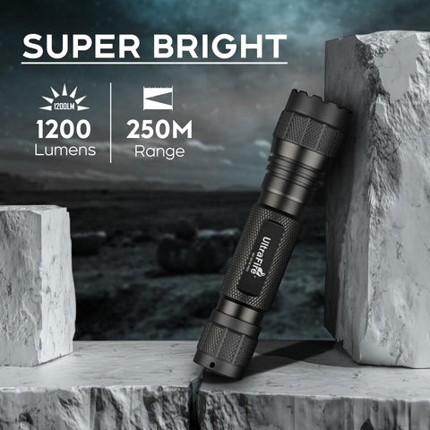 ULTRAFIRE WF-501B PRO rugged aluminum body with anti-slip grip for steady handling.