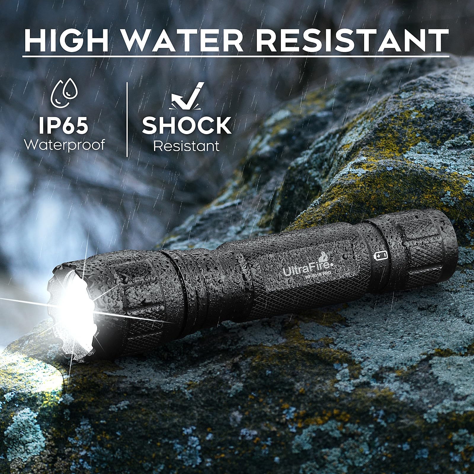 ULTRAFIRE WF-501B PRO wall charger included for convenient recharging.