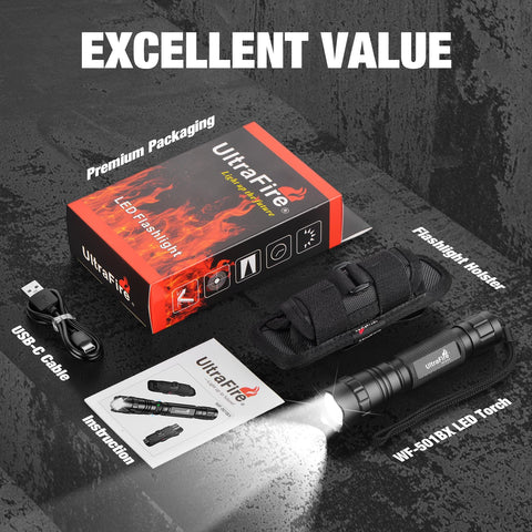 ULTRAFIRE WF-501BX holster with 360-degree rotation for flexibility.