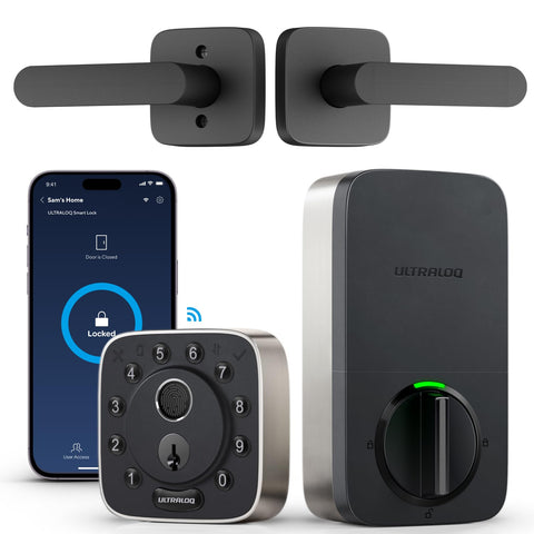 ULTRALOQ Bolt fingerprint lock with lever front view showing keyless entry capability.