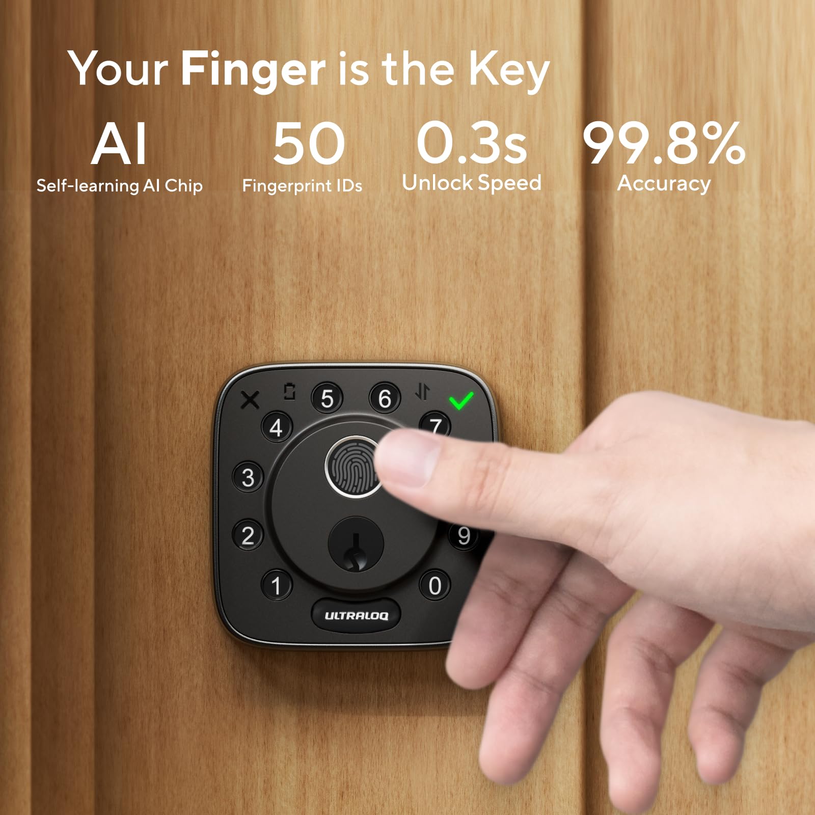 ULTRALOQ Bolt keypad and fingerprint entry close‑up highlighting flexible access