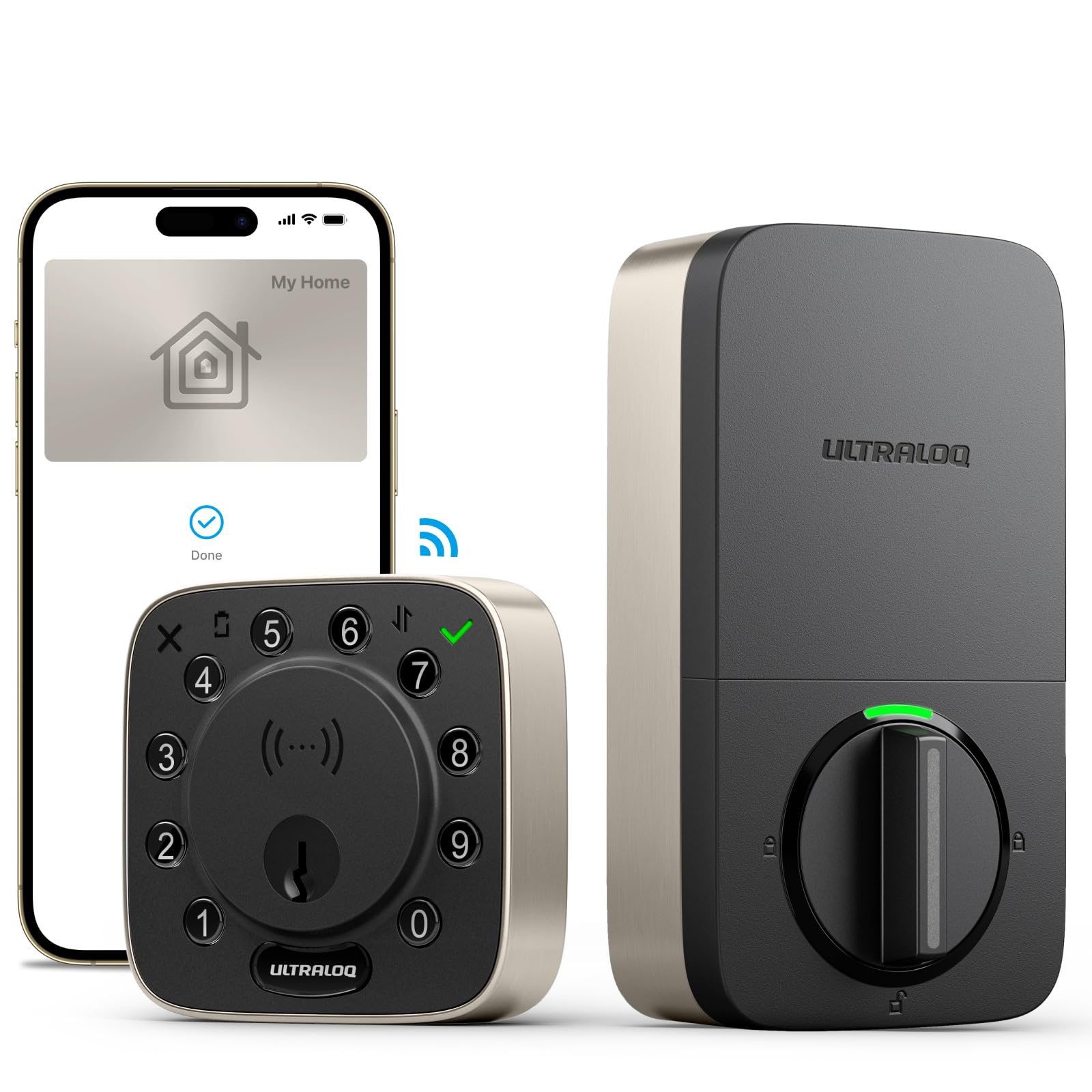 ULTRALOQ Bolt NFC on front door showing secure keyless entry with built-in Wi‑Fi