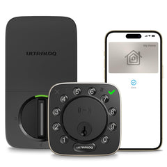 ULTRALOQ Bolt NFC on front door showing secure keyless entry with built-in Wi‑Fi