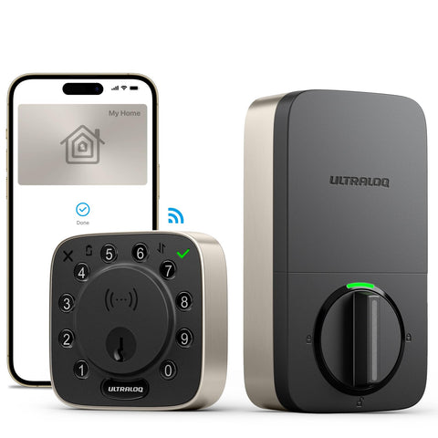 ULTRALOQ Bolt NFC on front door showing secure keyless entry with built-in Wi‑Fi