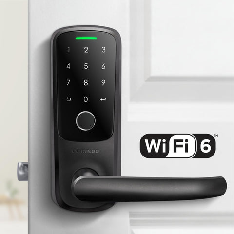 ULTRALOQ Latch 5 built-in WiFi lock on a modern door, showing its sleek black finish