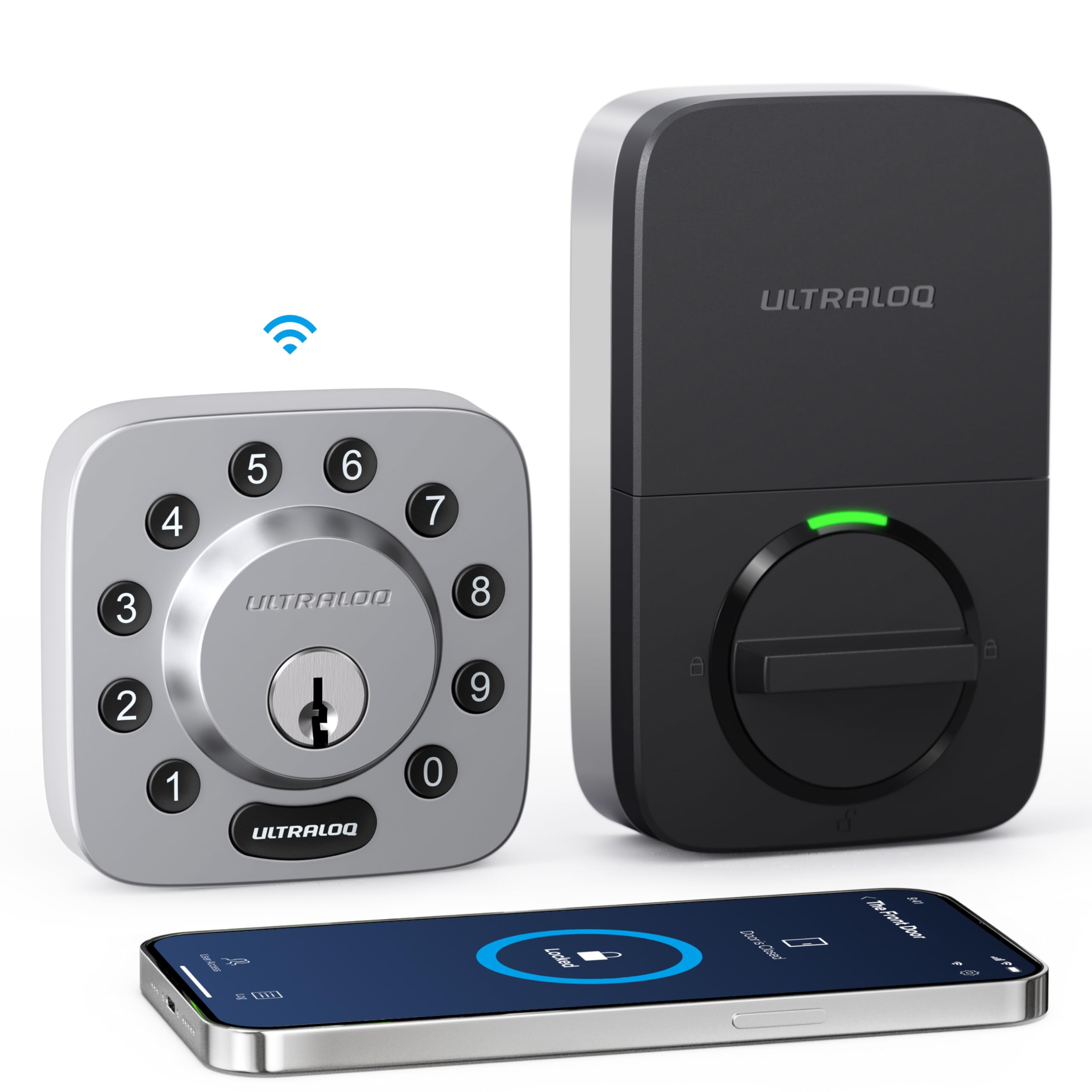 ULTRALOQ U‑Bolt on a door highlighting keyless entry and secure lock