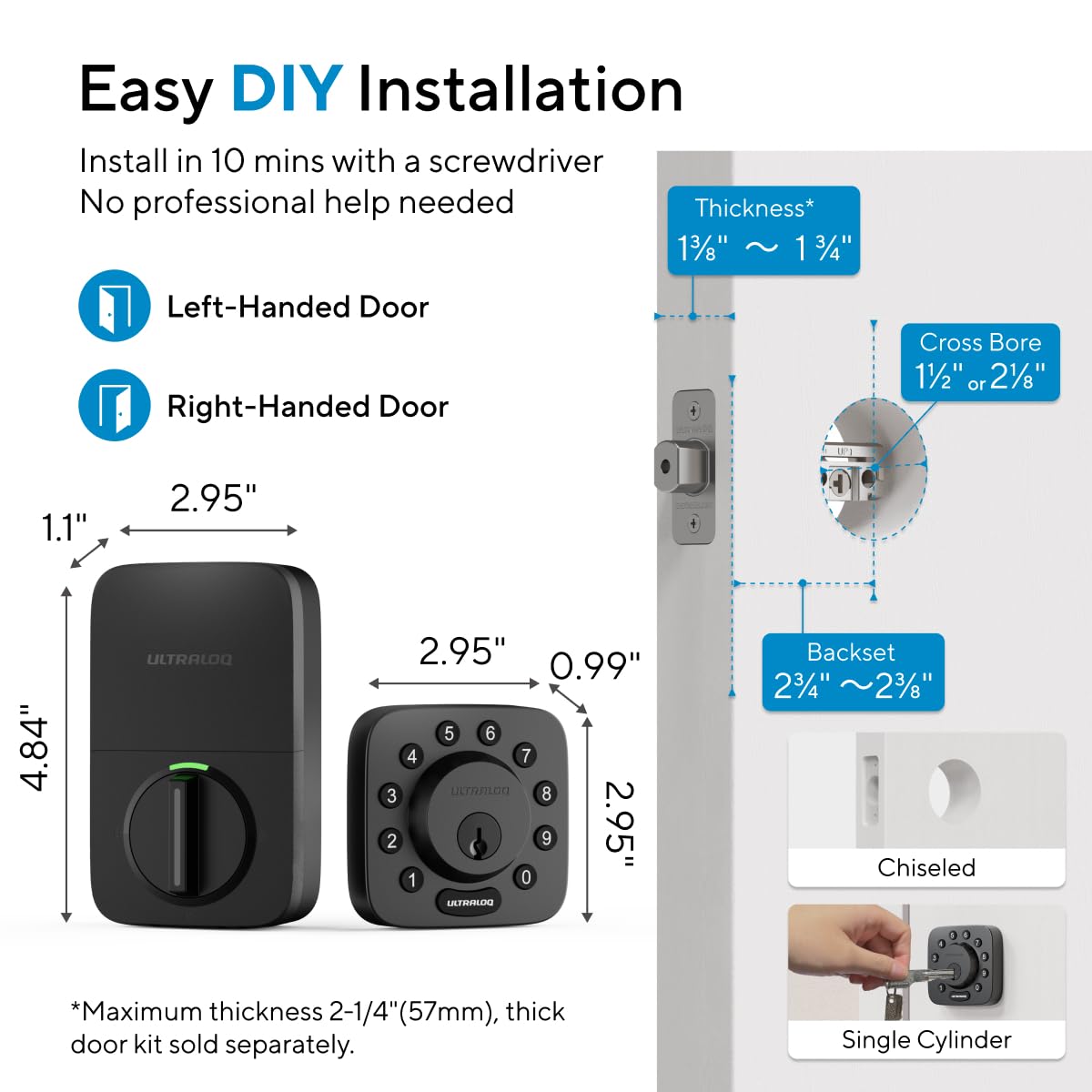 ULTRALOQ U-Bolt DIY installation on most doors with basic tools.
