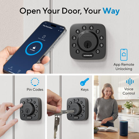 ULTRALOQ U-Bolt with built-in keypad for quick, secure front-door access.