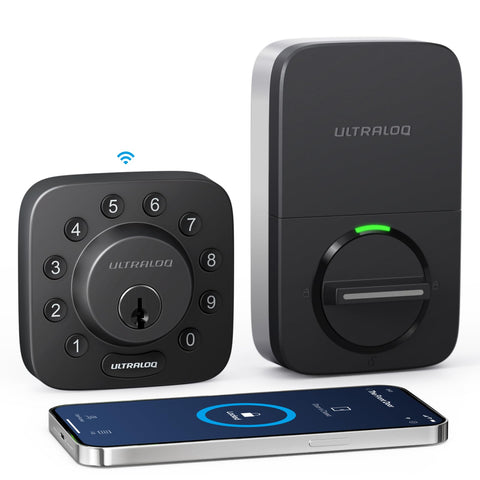 ULTRALOQ U-Bolt on door with keypad enables keyless entry and remote control.