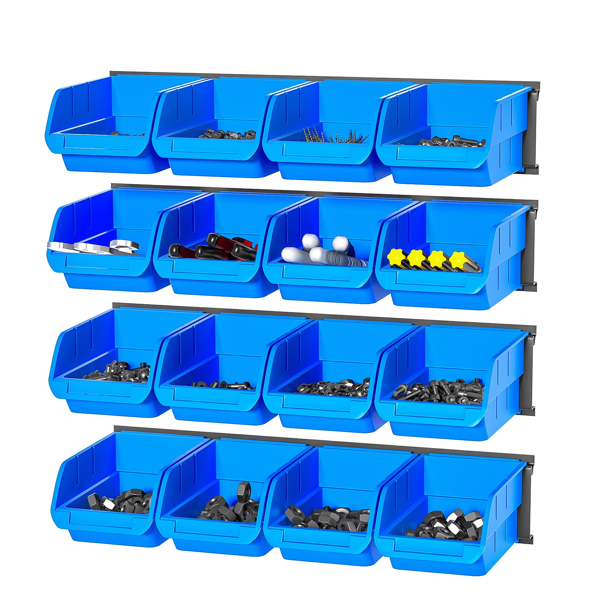 Ultrawall bins on rails for organized storage in a compact workspace.