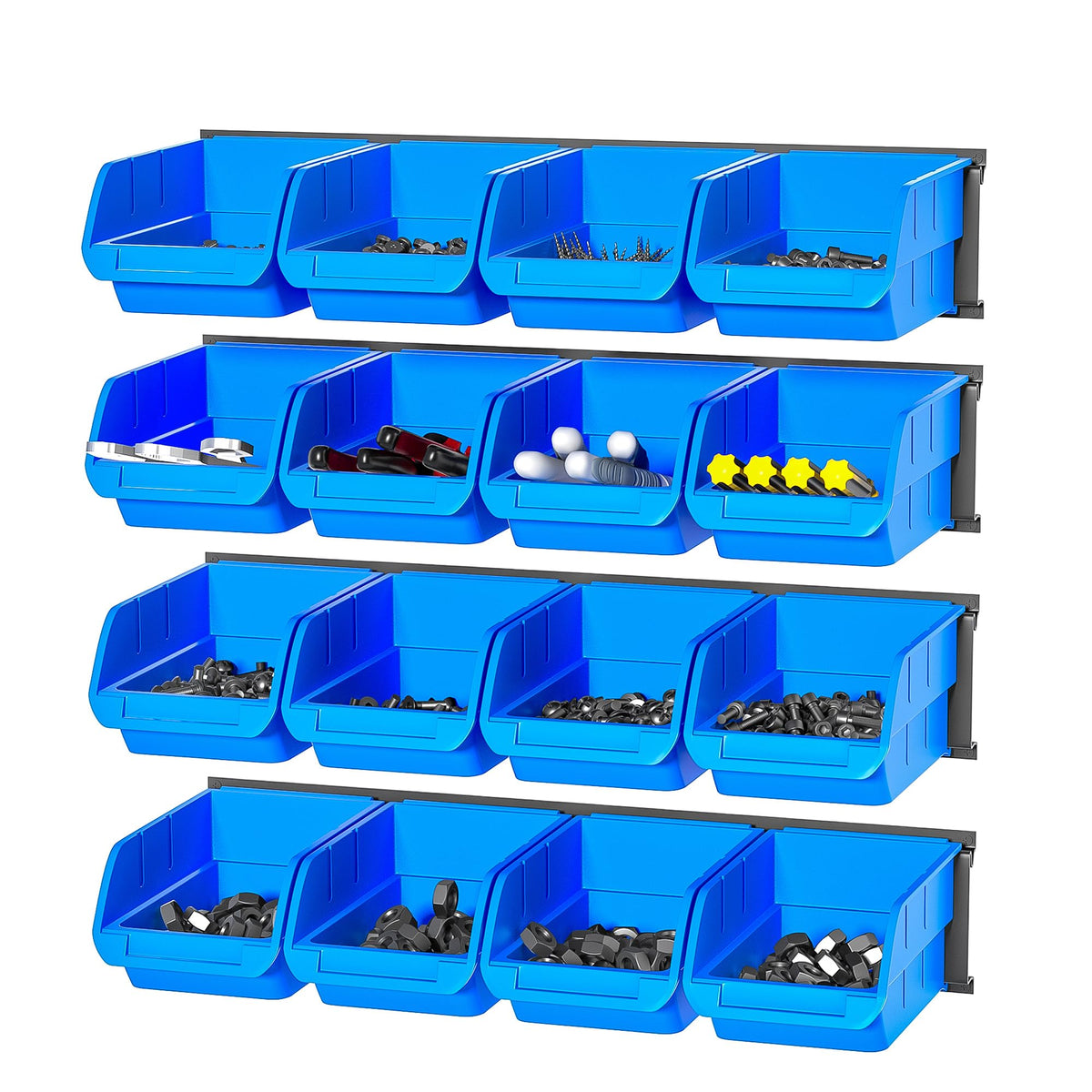Ultrawall bins on rails for organized storage in a compact workspace.