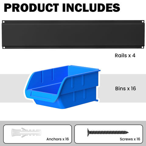 Ultrawall blue wall-mounted storage bins visible sorting screws and nails.