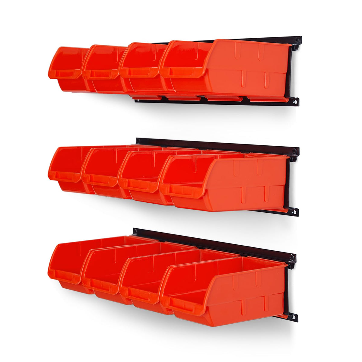 Ultrawall wall-mounted orange bins for quick, visible storage.