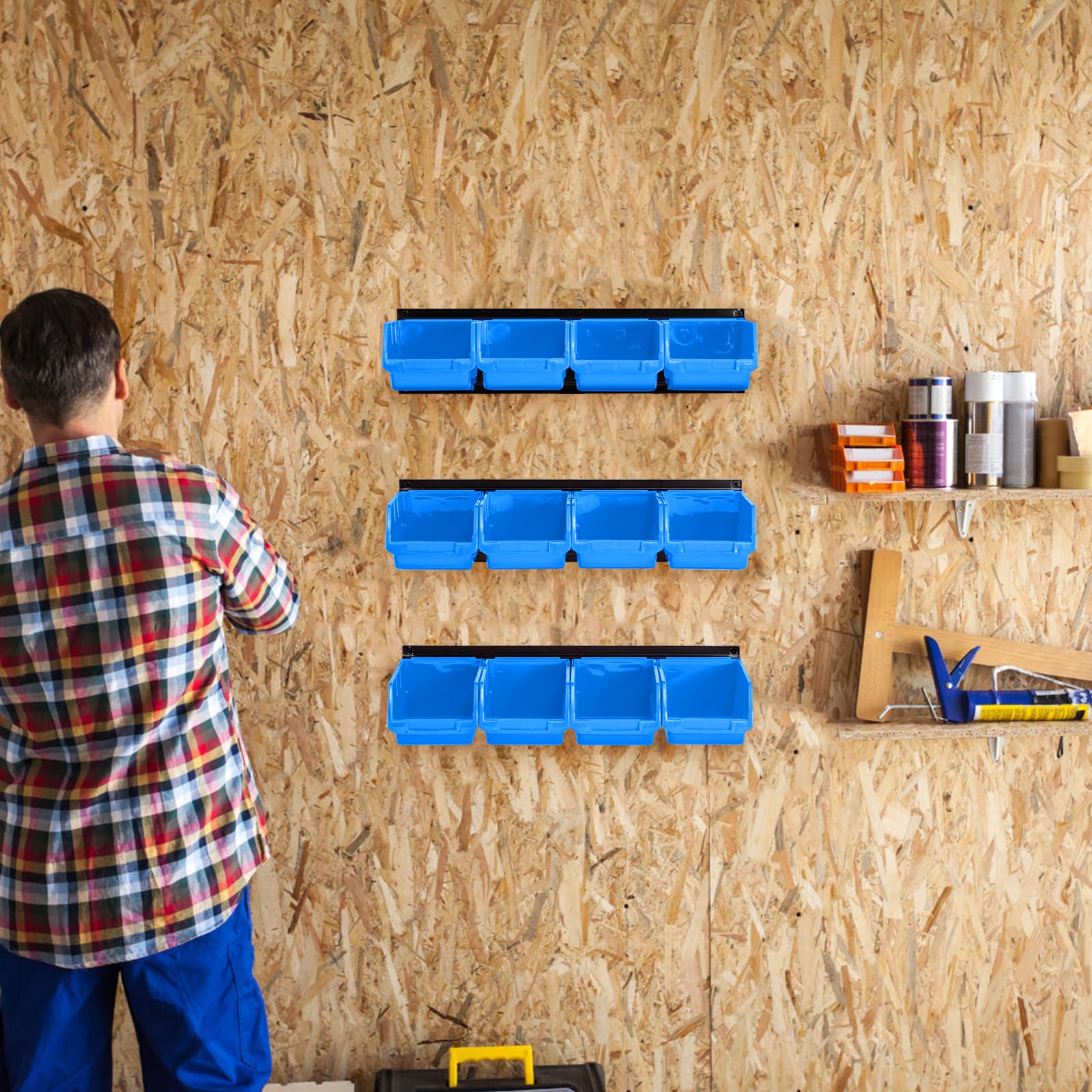 Ultrawall organized workspace with blue bins on rails for faster projects