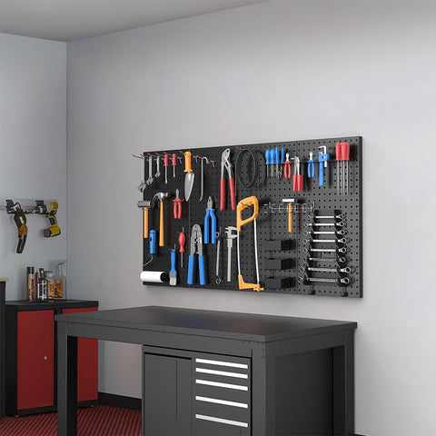 Ultrawall pegboard demonstrates tidy shed workspace organization and efficiency.