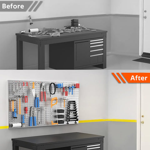 Ultrawall pegboard wall panel mounting on drywall example provides secure tool storage.