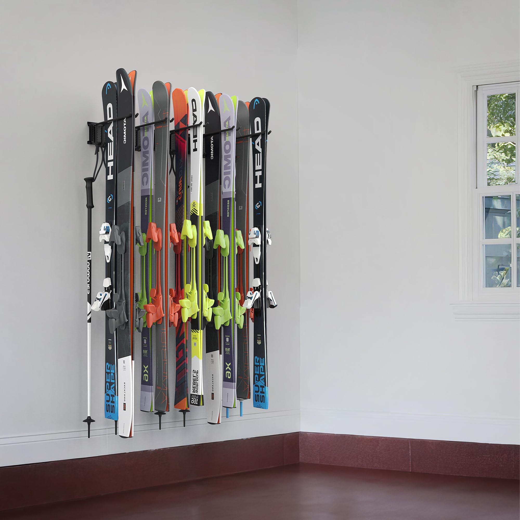 Ultrawall ski rack includes pre-drilled holes for simple mounting.