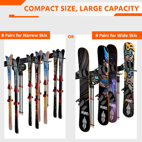 Ultrawall ski rack eight-pair-capacity keeps gear organized.