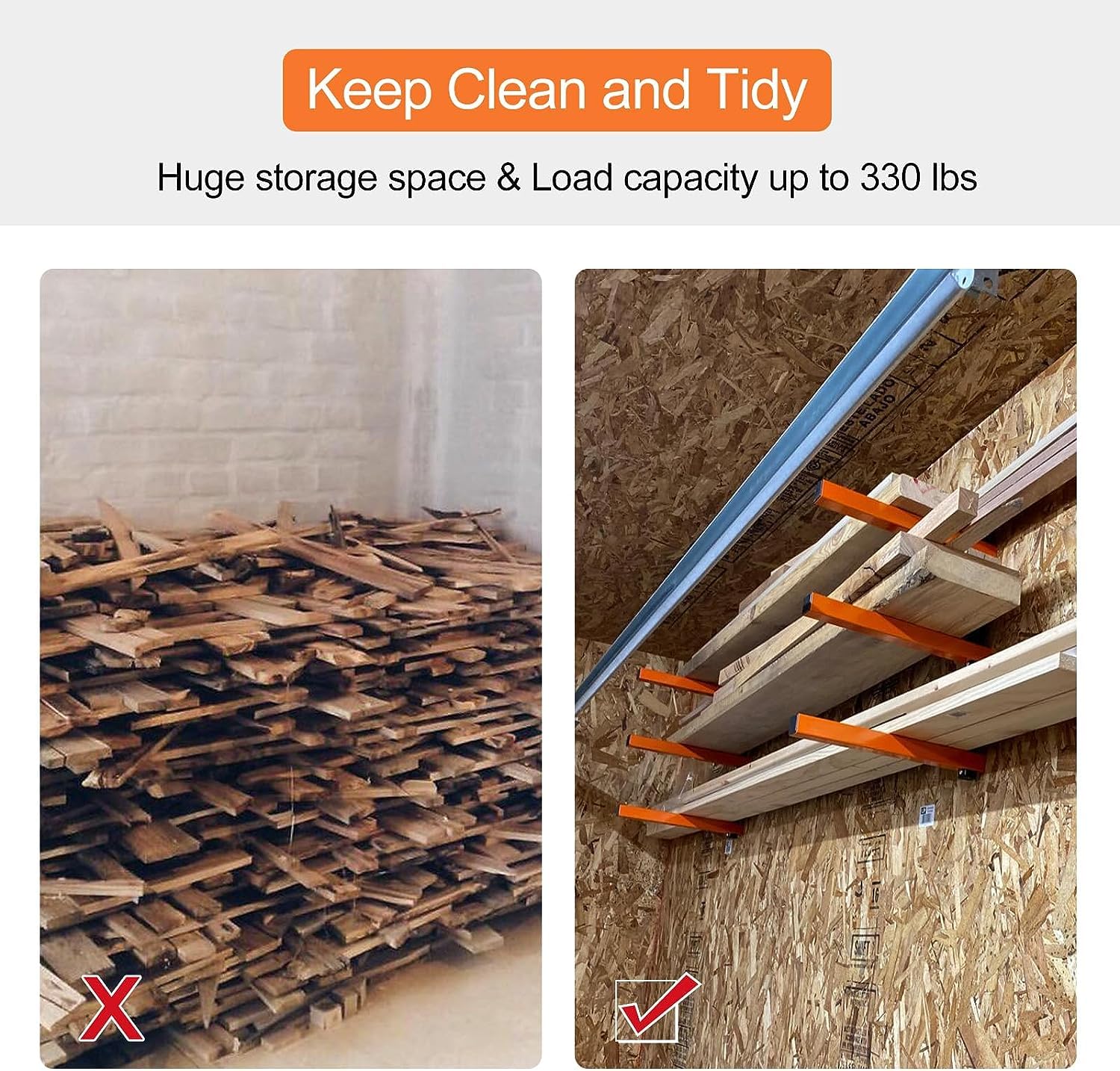 Ultrawall wall mount wood organizer in garage demonstrates space efficiency