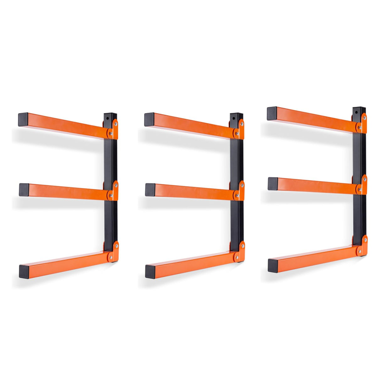 Ultrawall wall-mounted wood organizer racks show three-pack storage for long items