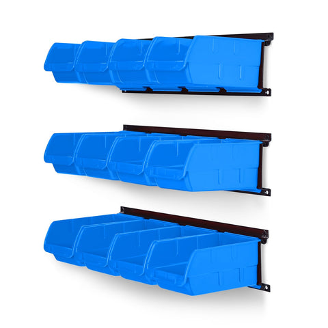 Ultrawall blue wall-mounted bins on rails for quick screws and nails access