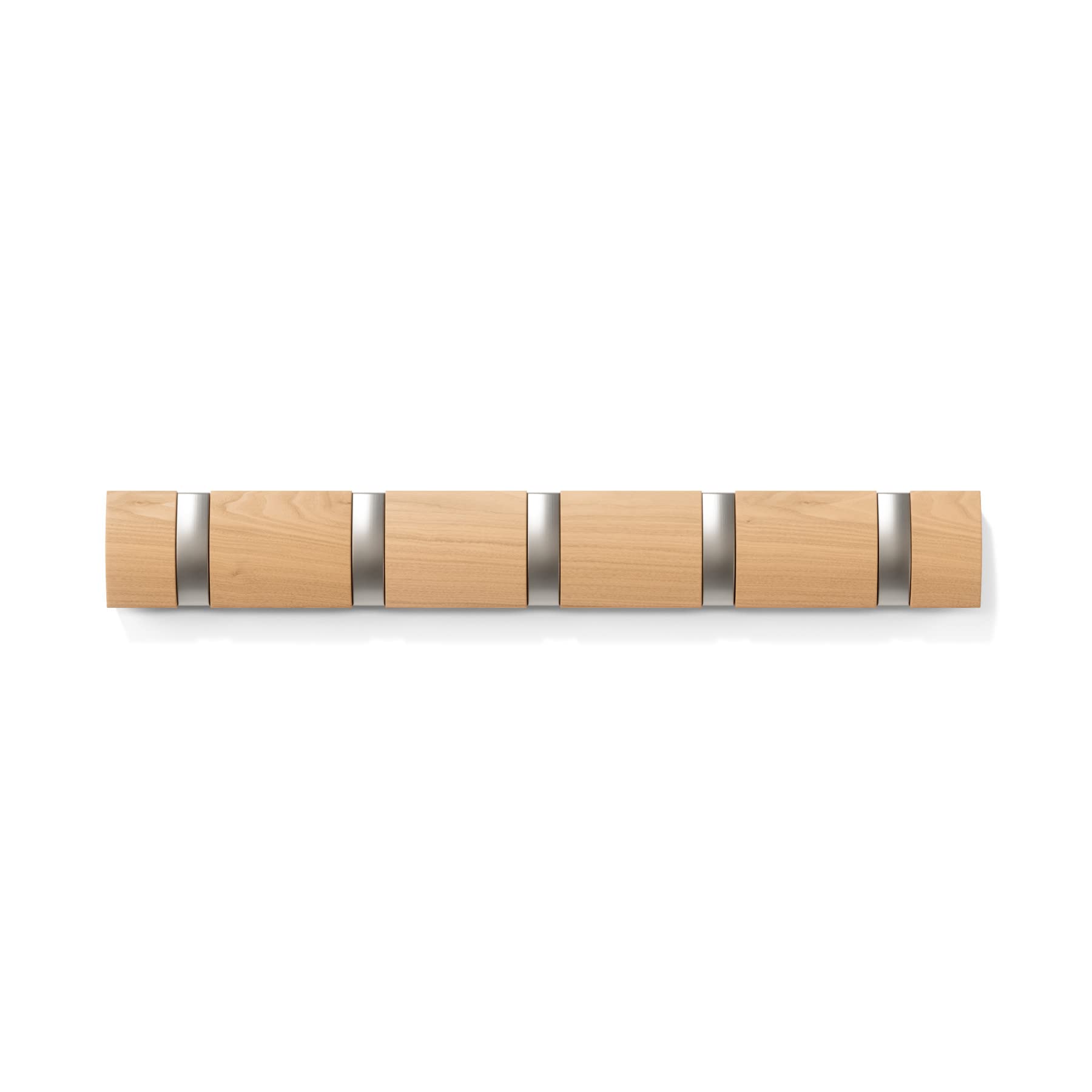 Umbra Flip 5 wall mounted hook coat rack with retractable hooks for space-saving coat storage.