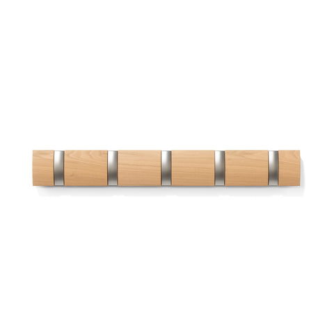 Umbra Flip 5 wall mounted hook coat rack with retractable hooks for space-saving coat storage.