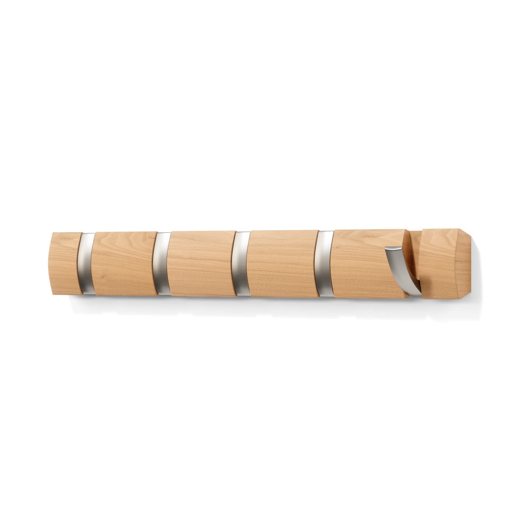 Umbra Flip 5 entryway coat rack shows hidden hardware and sleek profile.