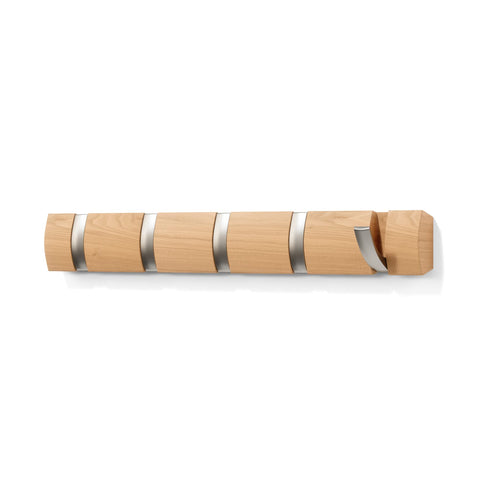 Umbra Flip 5 entryway coat rack shows hidden hardware and sleek profile.