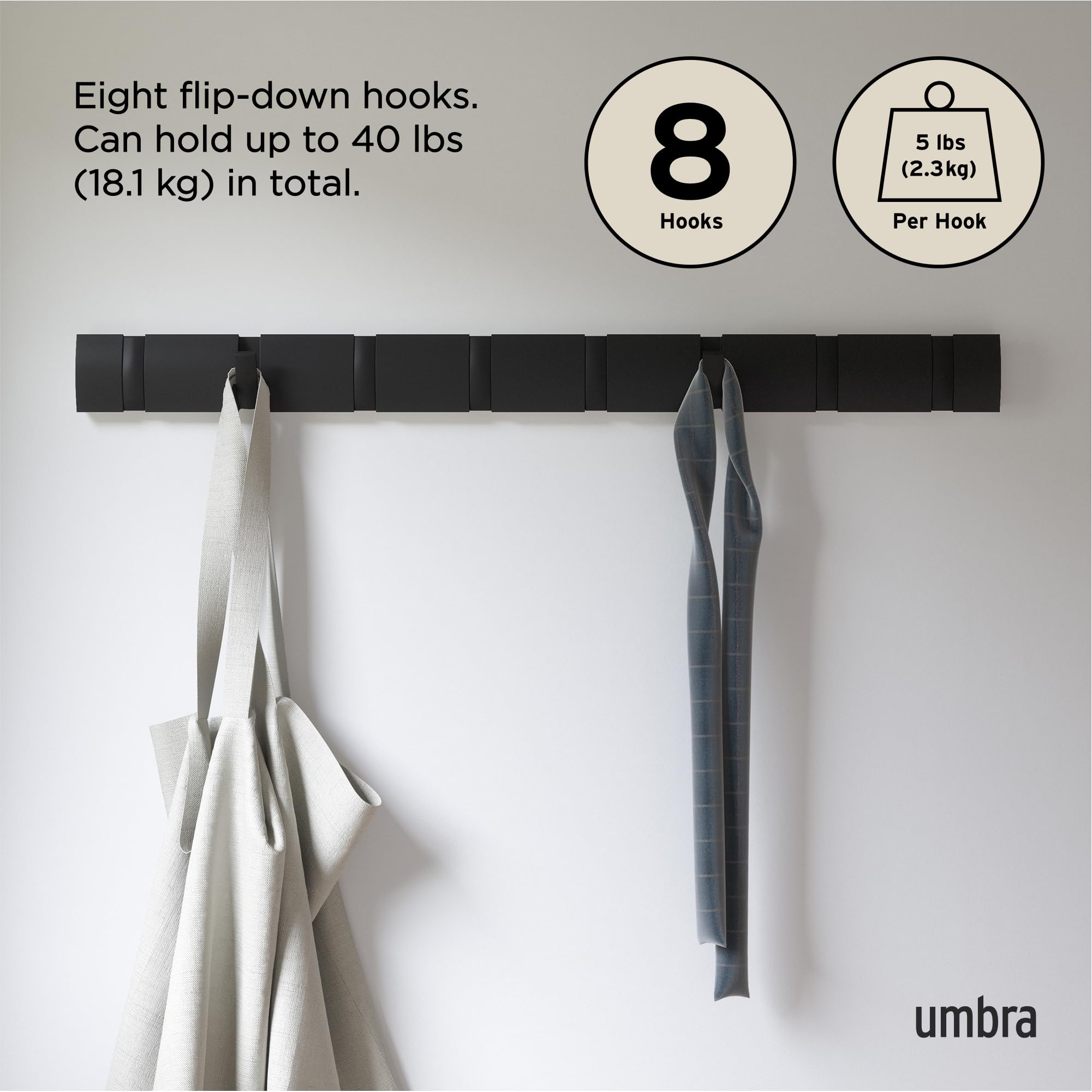 Umbra Flip black finish highlights modern, space-saving design in small spaces.