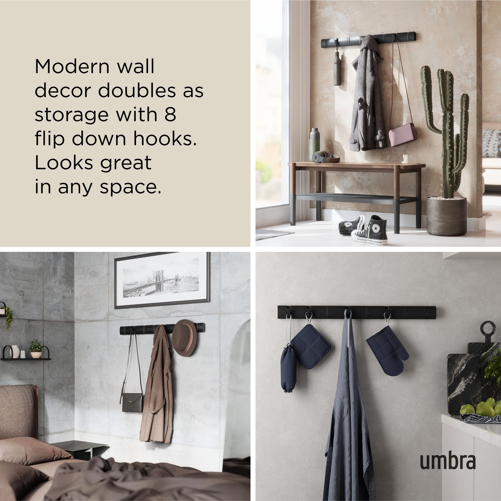 Umbra Flip displays coats and bags on eight hooks for daily use.