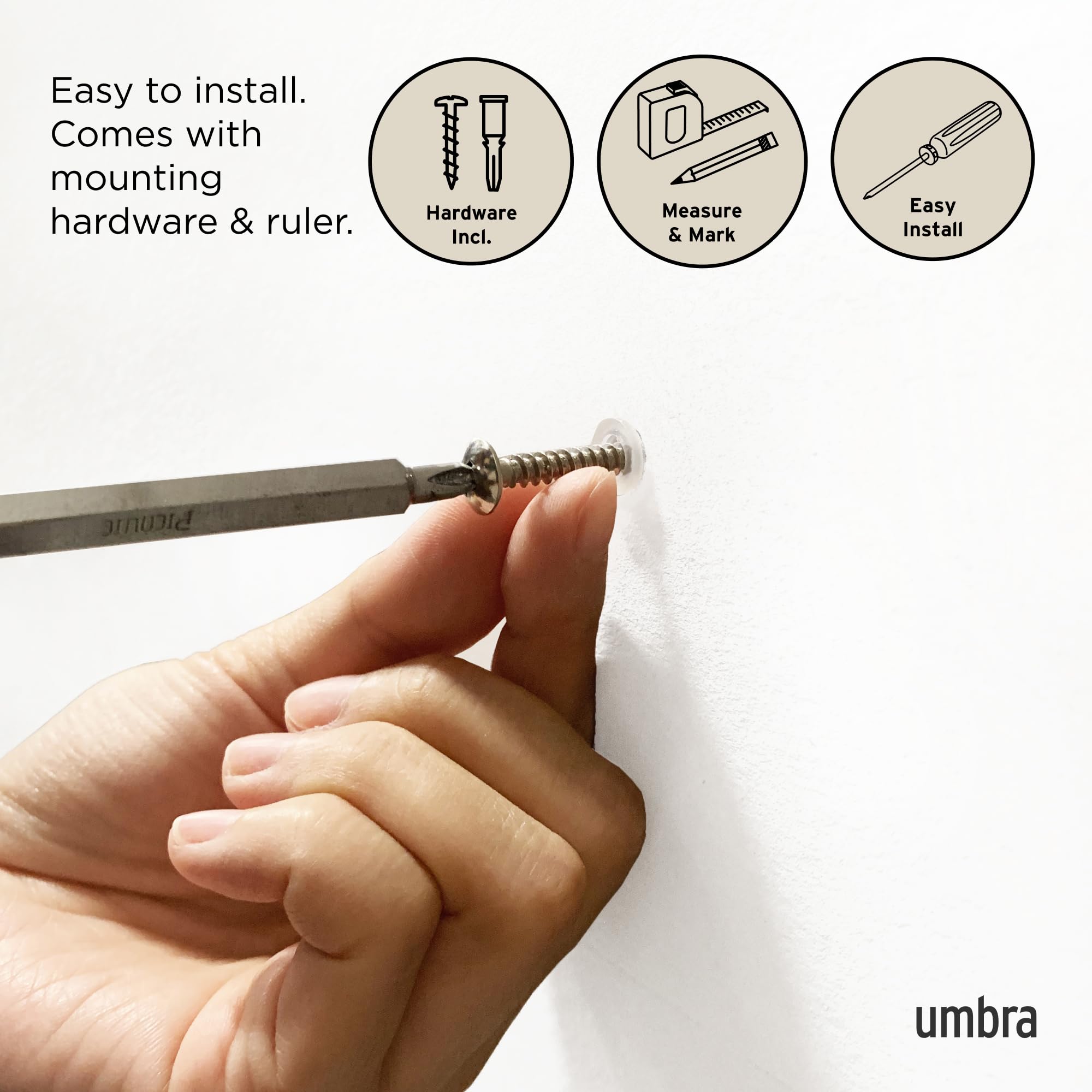 Umbra Flip hidden mounting hardware for a sleek wall look.