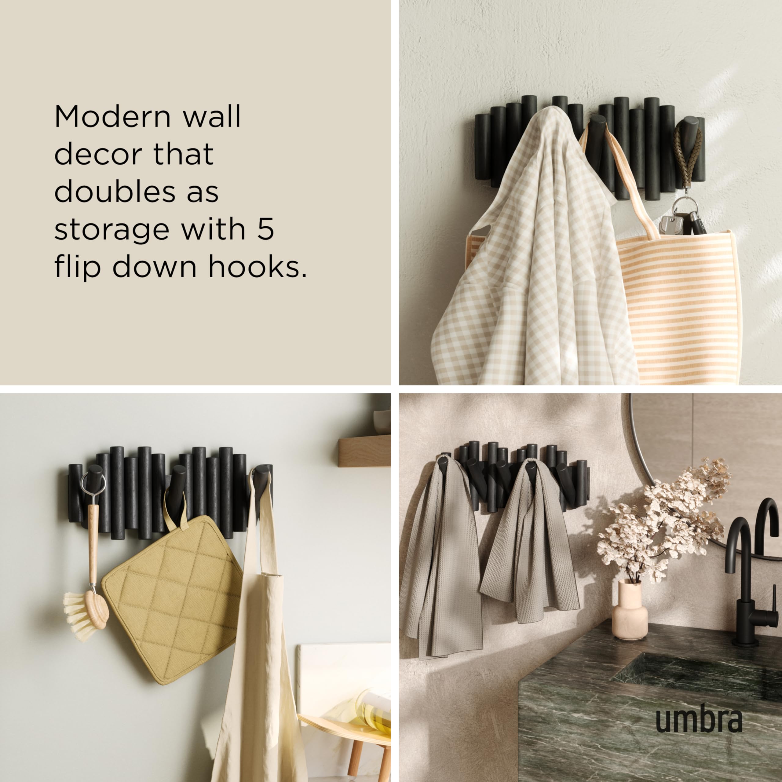 Umbra Picket multi-hook display illustrates decorative storage for coats and bags.