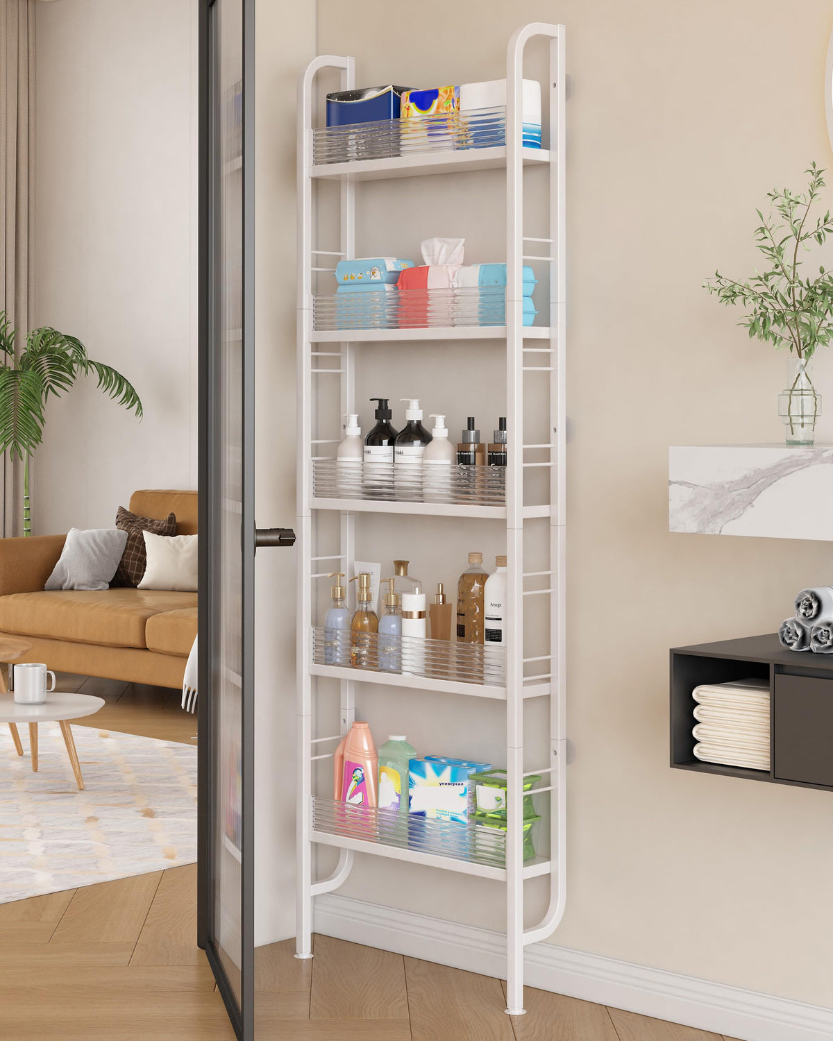 UMDONX Behind The Door 5-tier shelf saves space behind the door for compact storage.