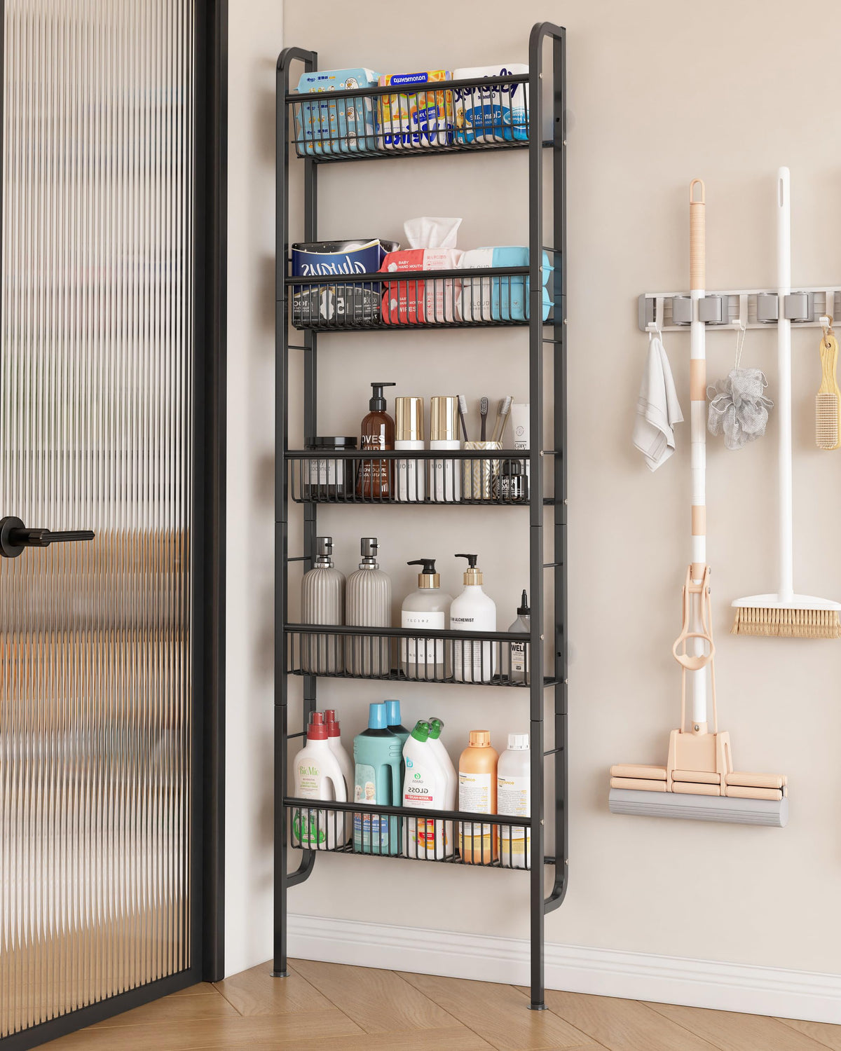UMDONX Behind The Door bathroom shelf on a door for compact storage.