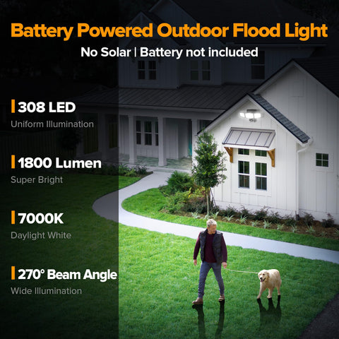UME 302 LED outdoor flood light glows warmly for wide yard illumination.