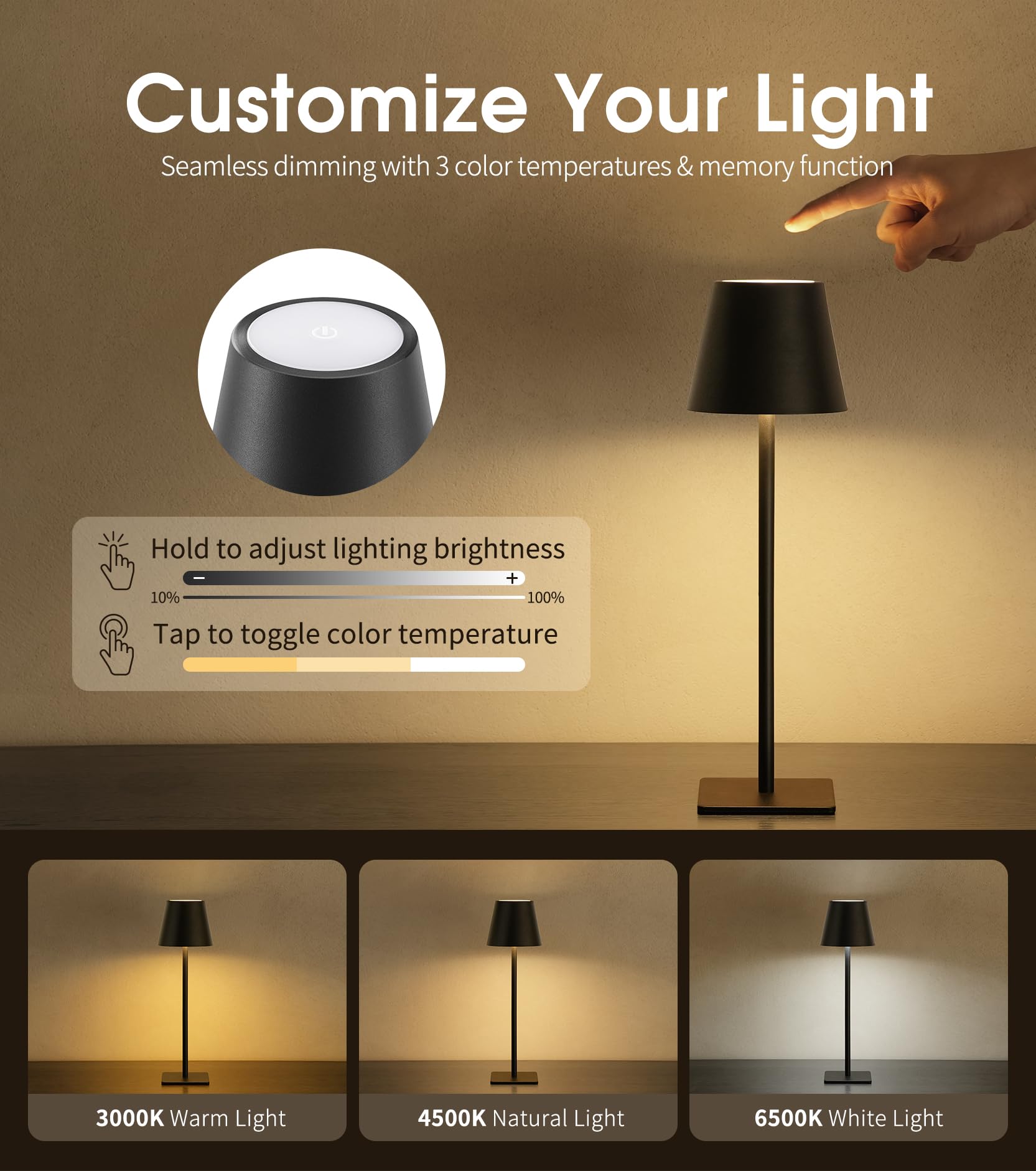 UME cordless table lamp 3-color temps close-up showing warm neutral and cool options