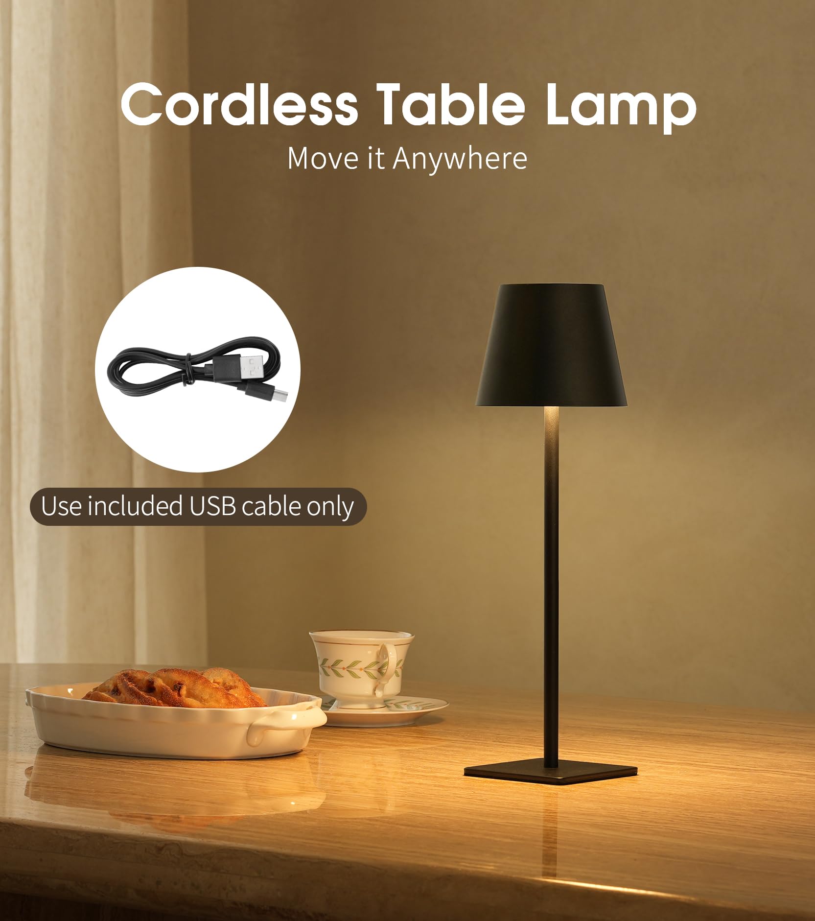 UME cordless table lamp black close-up highlighting non-slip base and sleek metal finish