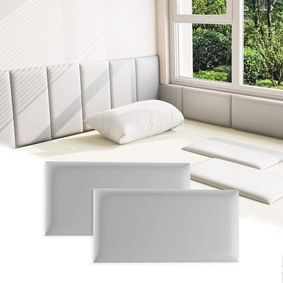 Umedol 3D grey headboard panel on wall offers soft corner protection.