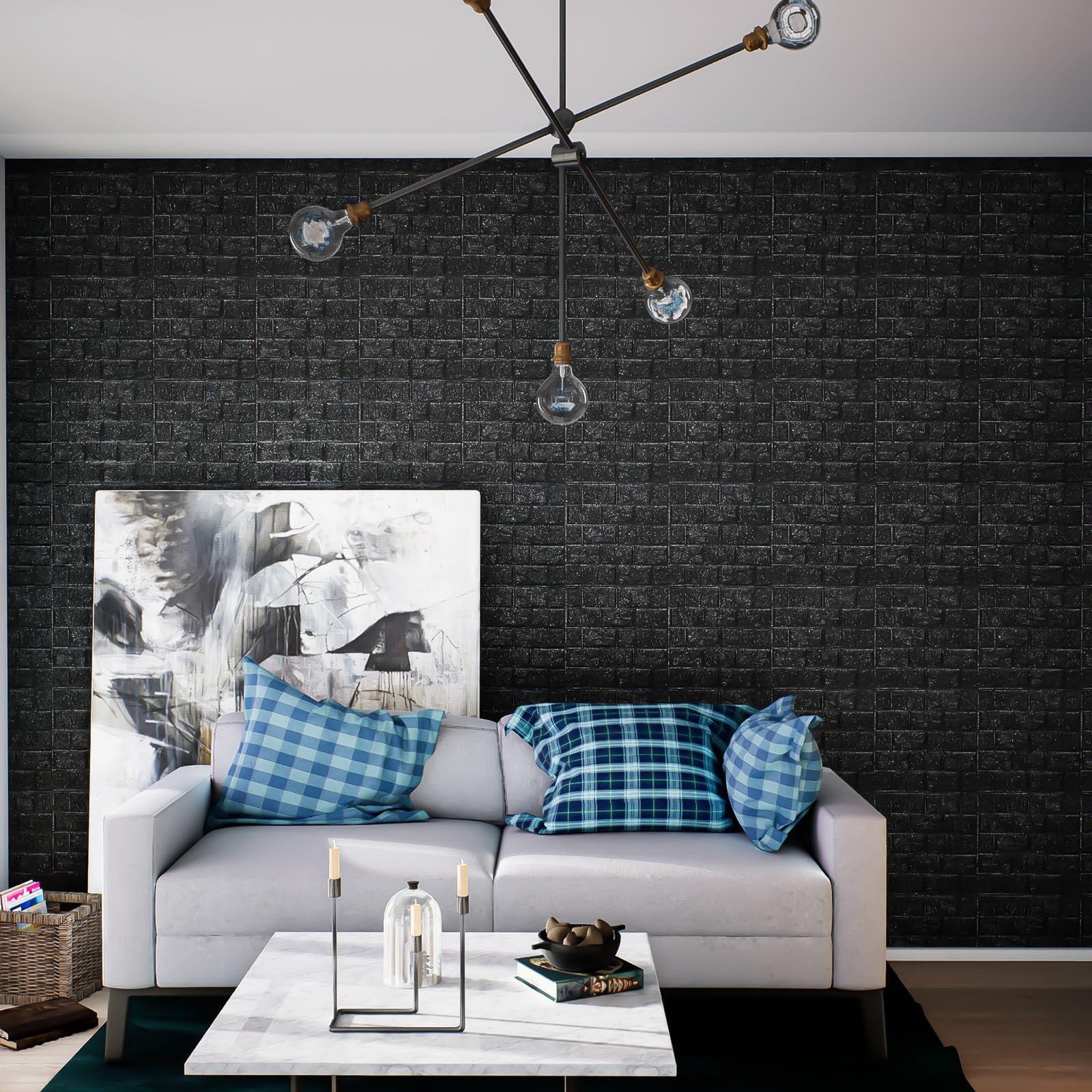 Umedol black brick texture panel mounted on wall for a modern accent.