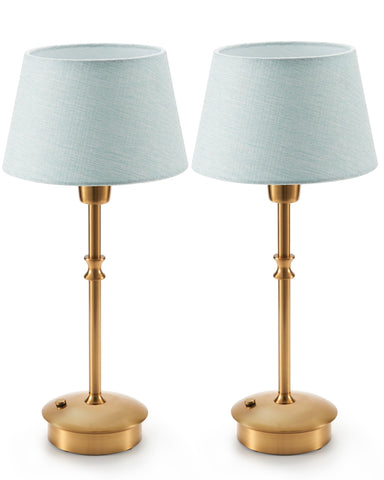 UMEXUS cordless lamp with blue fabric shade and brass base for versatile lighting
