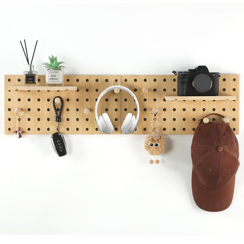 UMICAL beige wood pegboard closeup finish highlights premium wood texture and craft quality.