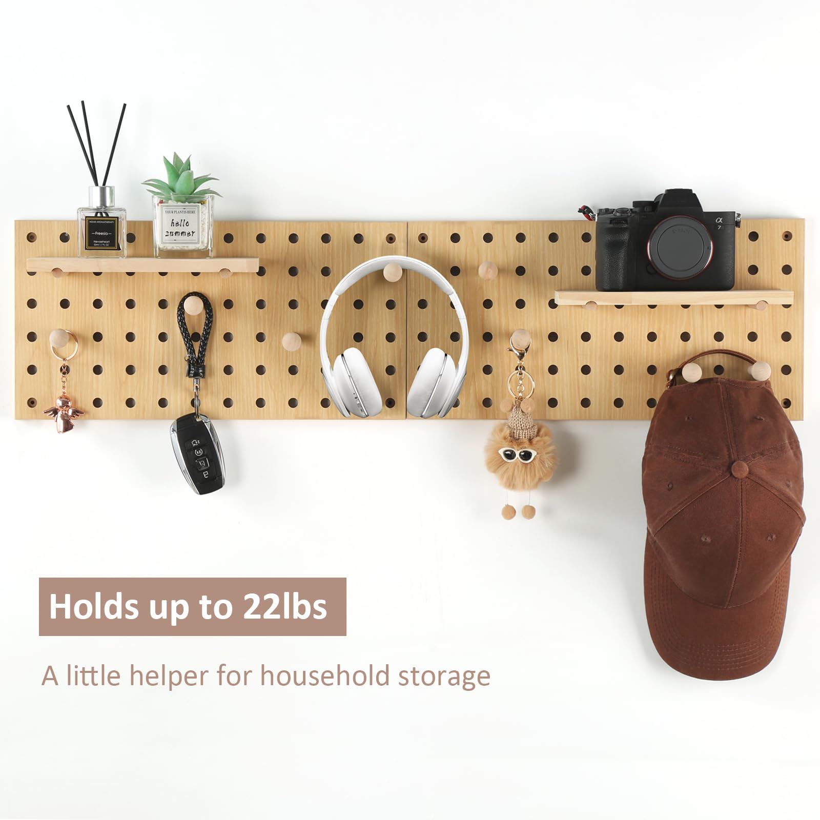 UMICAL beige wood pegboard horizontal layout enables space-saving organization for tools and supplies.