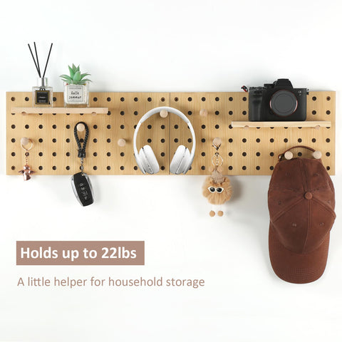 UMICAL beige wood pegboard horizontal layout enables space-saving organization for tools and supplies.
