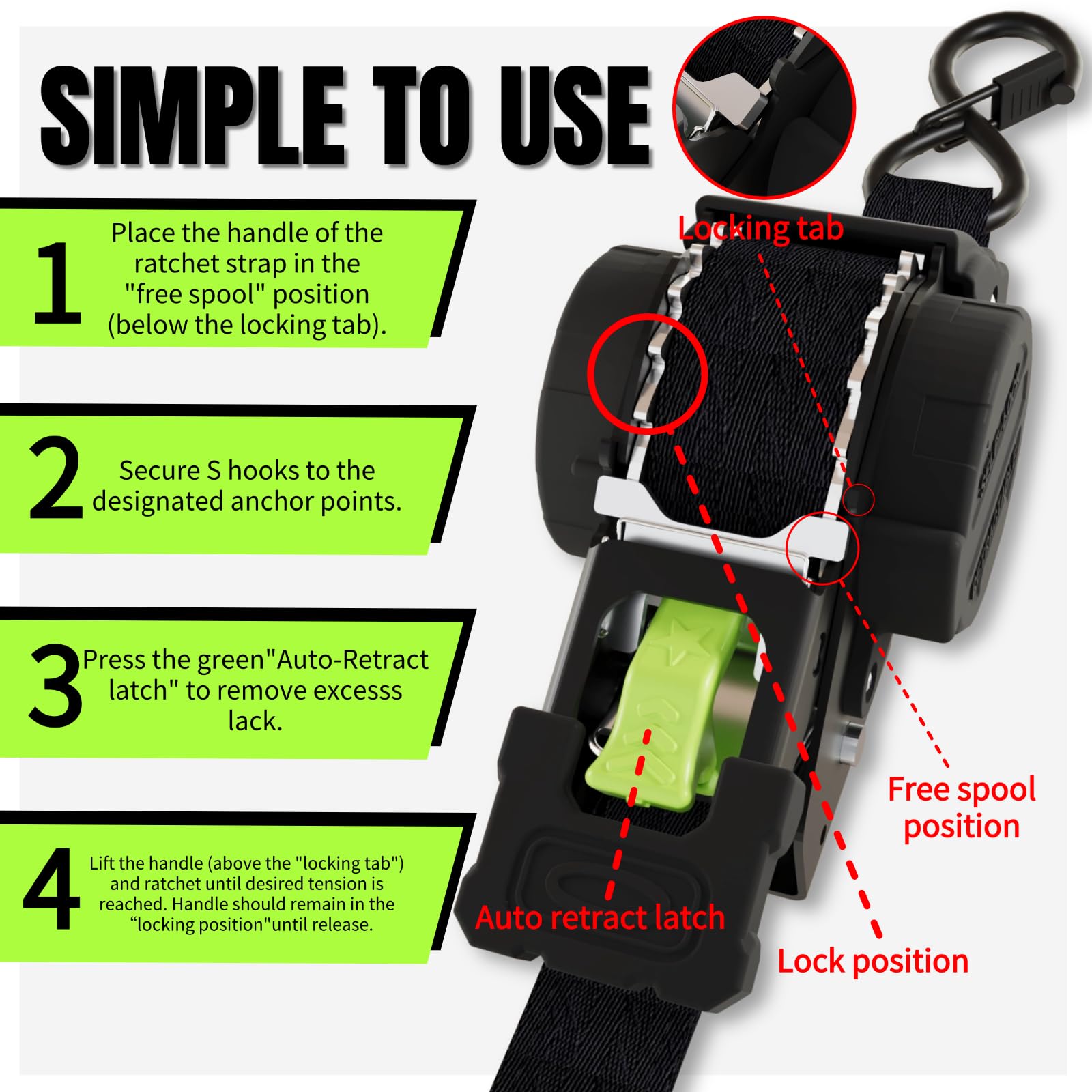 UMIRO auto retracting ratchet strap keeps gear tidy when not in use