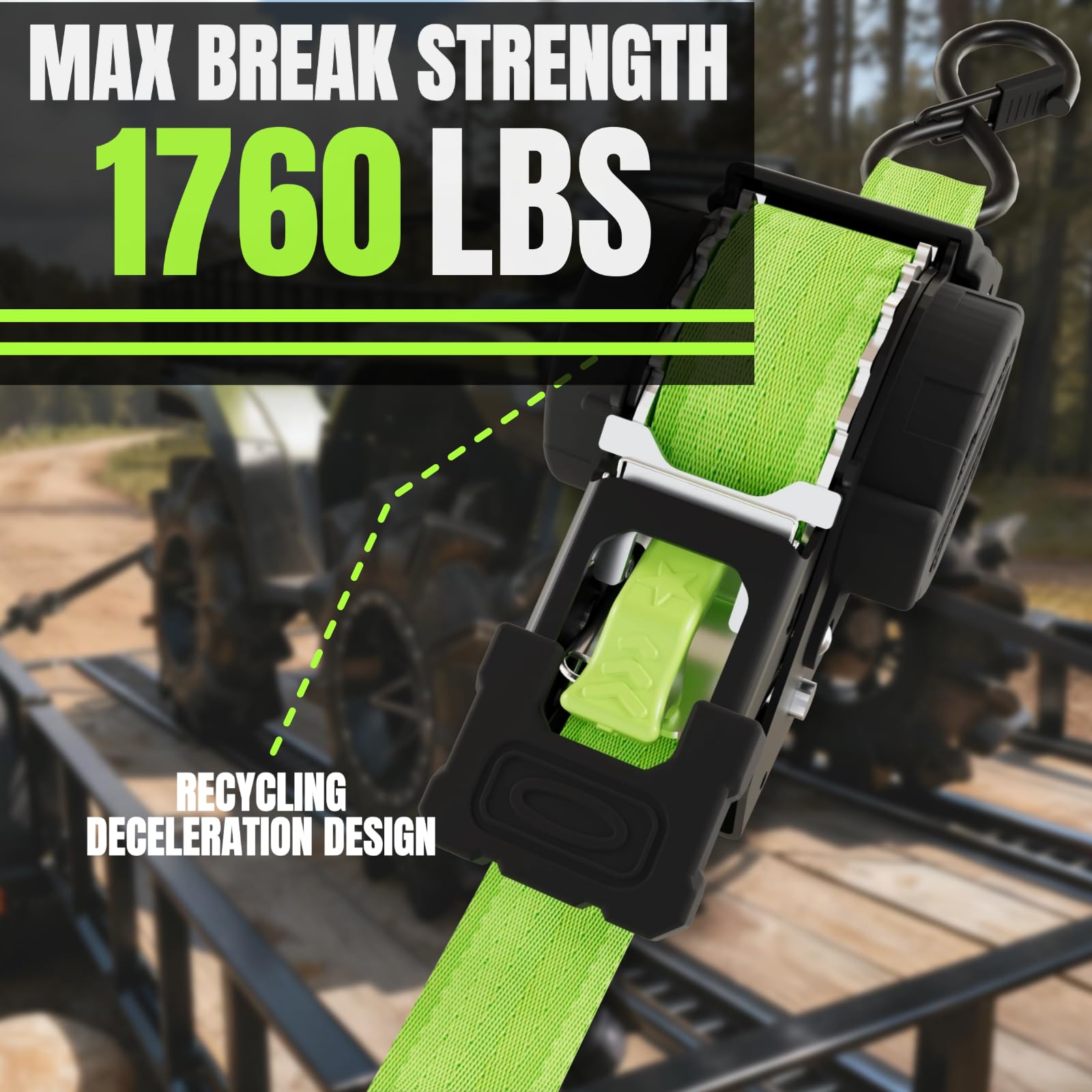 Two-pack heavy-duty straps with 1760 lb break strength ready for use.