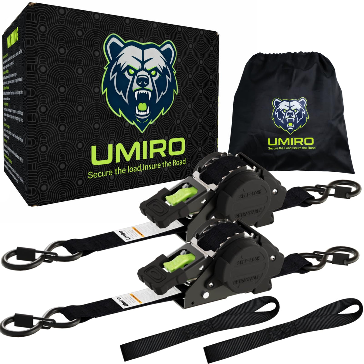 UMIRO retractable ratchet strap 1in x 12ft in black-green secures cargo on trucks
