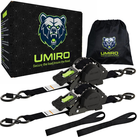UMIRO retractable ratchet strap 1in x 12ft in black-green secures cargo on trucks