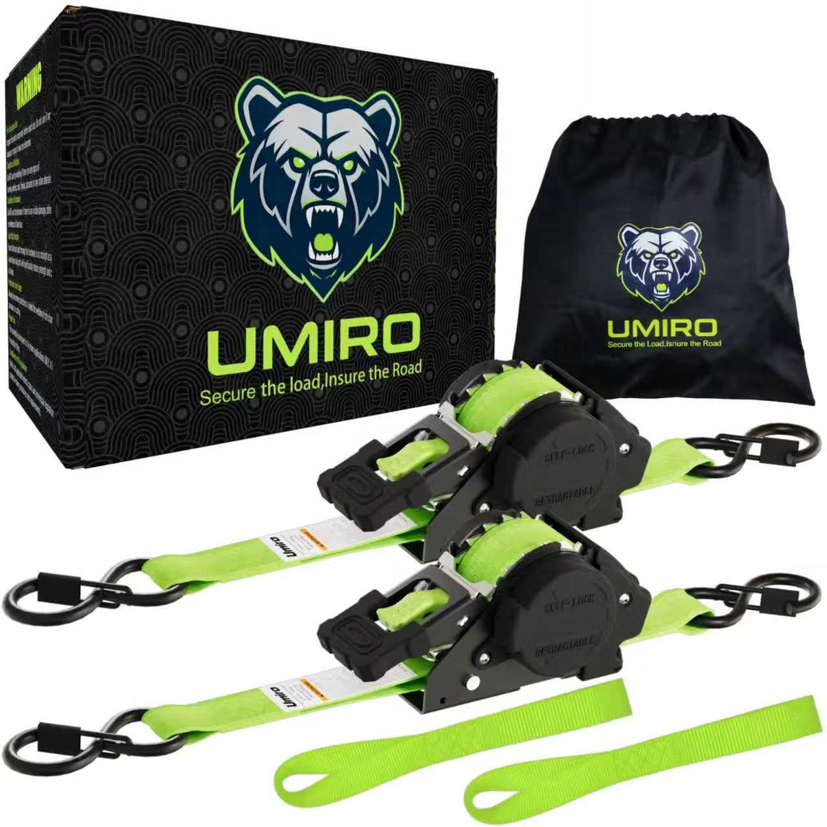 UMIRO retractable ratchet strap in fluorescent green secures cargo on trucks.