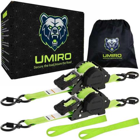 UMIRO retractable ratchet strap in fluorescent green secures cargo on trucks.